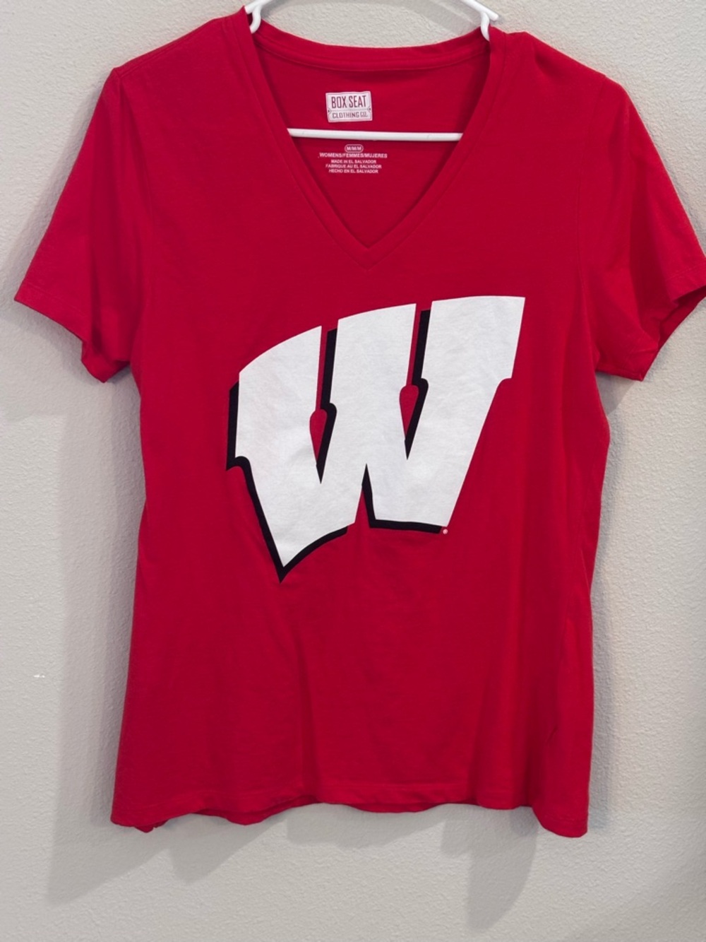 Wisconsin “W” Red V-Neck Graphic Tee, Box Seat Clothing Co, Women’s M